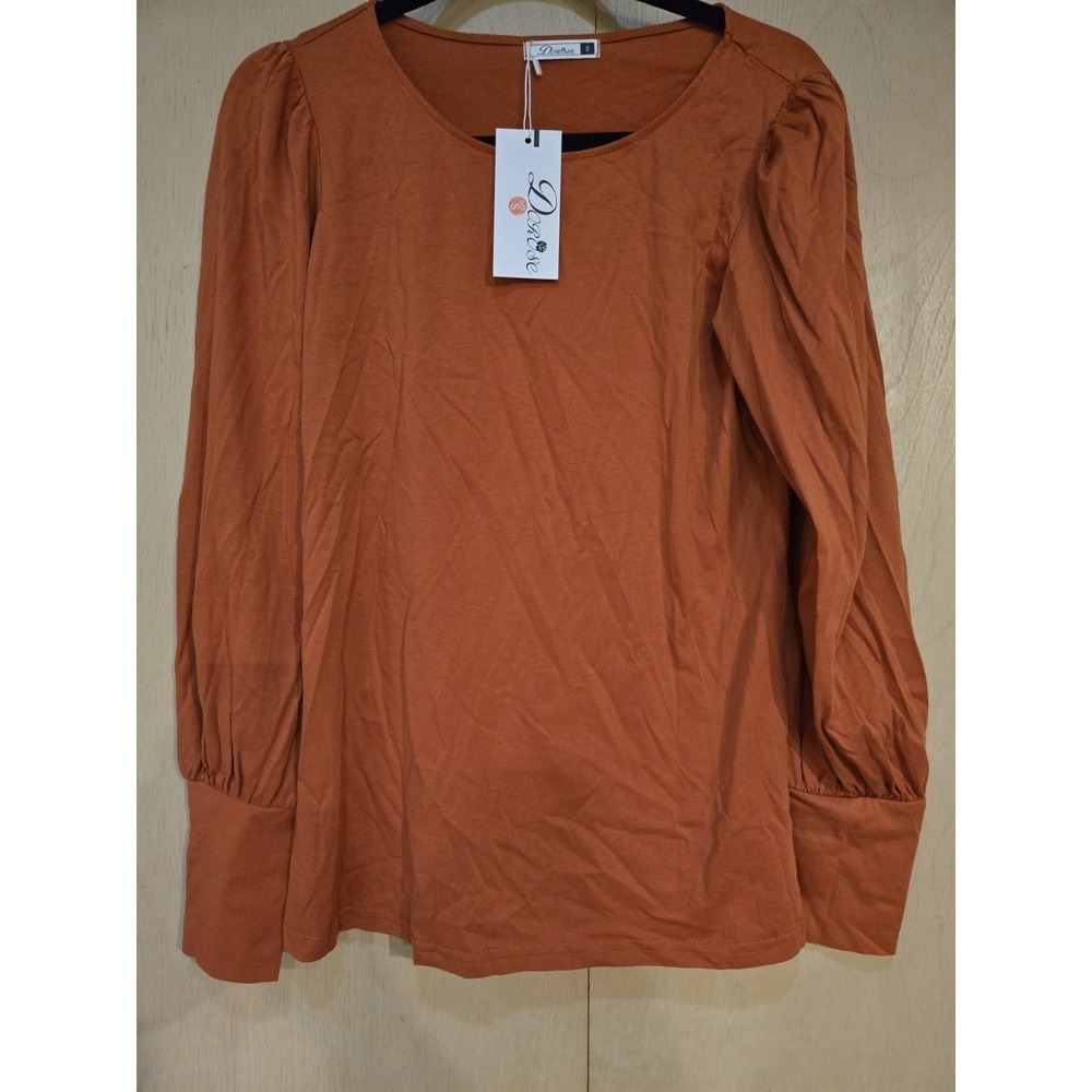 NWT DOROSE Womens S Burnt Orange Puff Sleeve Top Button Cuff Cotton Stretch